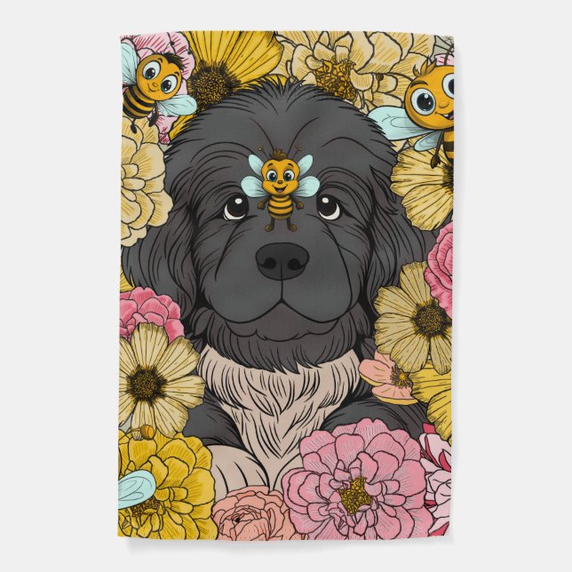 Newfy, Bumble Bees, & Flowers Garden Flag (Front)