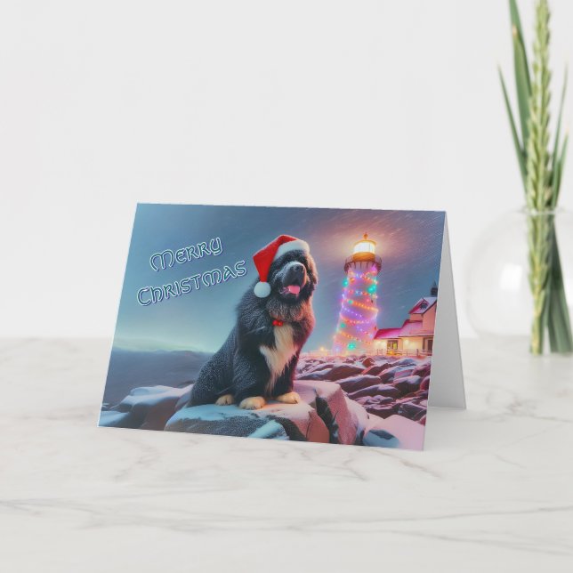 Newfy by Lighthouse Decorated for Christmas Card (Front)