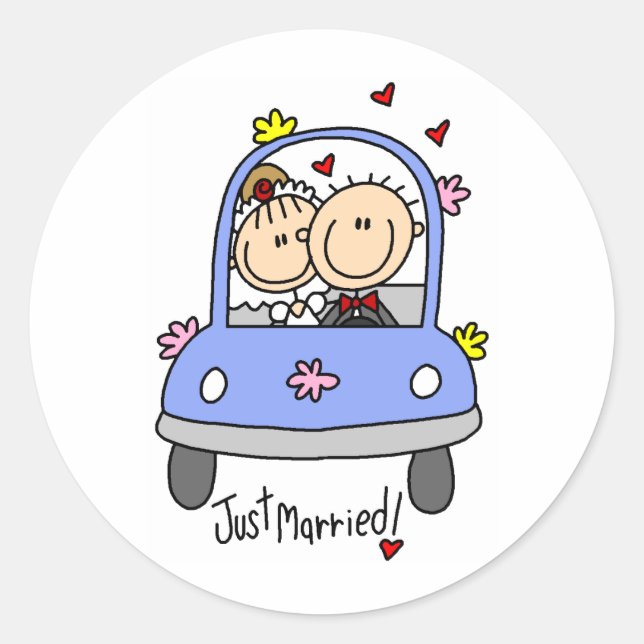 Newleywed Just Married Stick Figures Classic Round Sticker (Front)