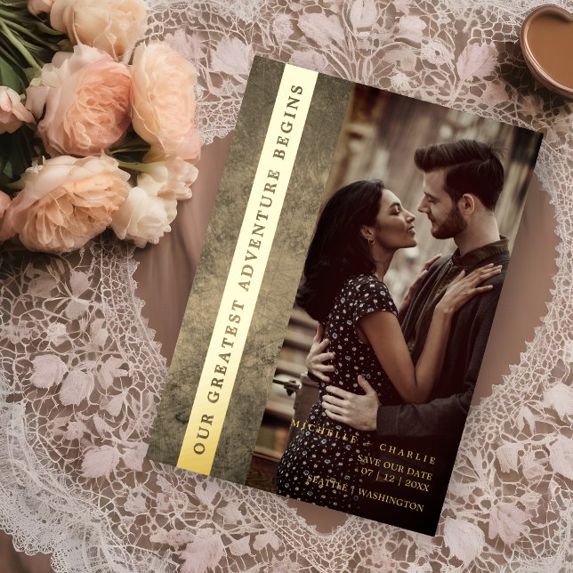Newly Engaged Wedding Modern Grunge Romantic Photo Foil Invitation (Golden Newly Engaged Wedding Modern Grunge Romantic Photo Real Metallic Foil Save the Date Card.)