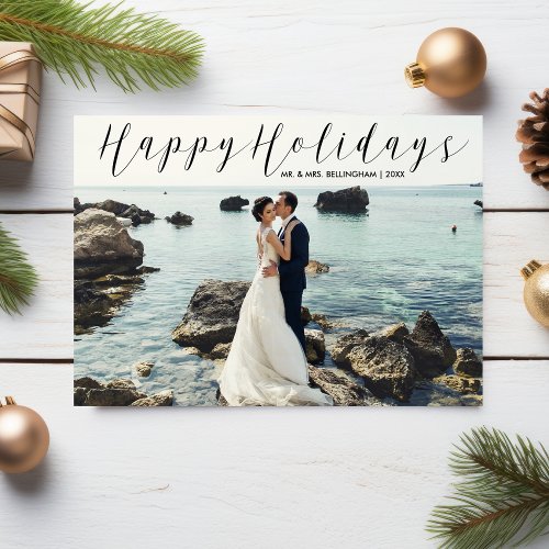 Newly Married Happy Holidays Photo Elegant Marble Holiday Card