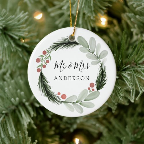 Newly Wed First Christmas Christmas Foliage Wreath Ceramic Ornament