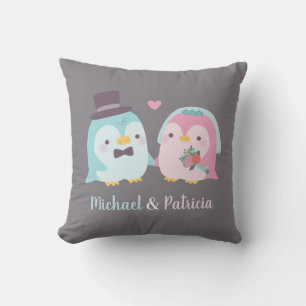 Newly Wed Penguin Groom and Bride Love Birds Throw Pillow