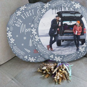 Newly Weds "First Christmas Married" Quote  Round Pillow
