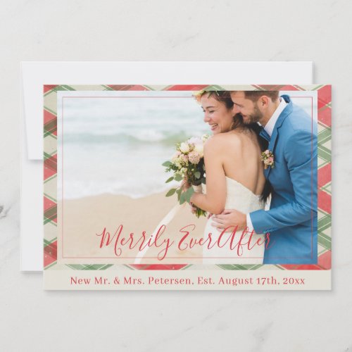 Newly weds Merrily Ever After red Christmas photo Holiday Card