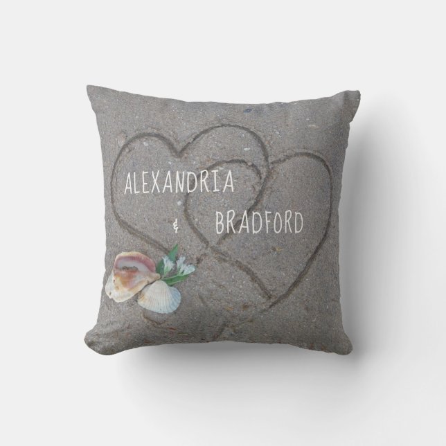 Newly weds personalized beach heart gift keepsake throw pillow (Front)