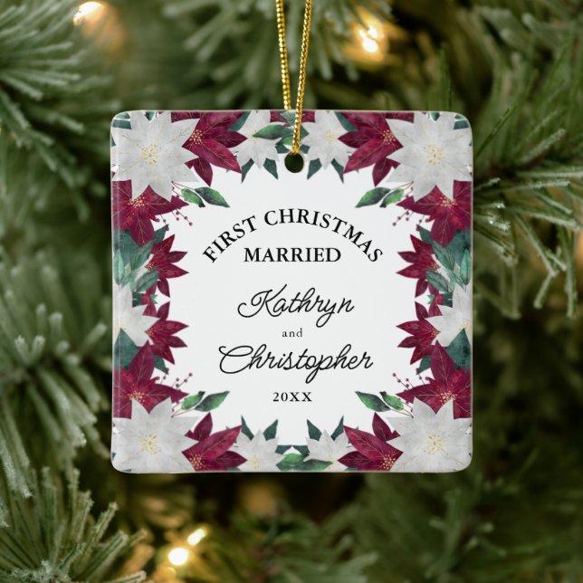Newlywe First Christmas Married Poinsettias Ceramic Ornament (Tree)