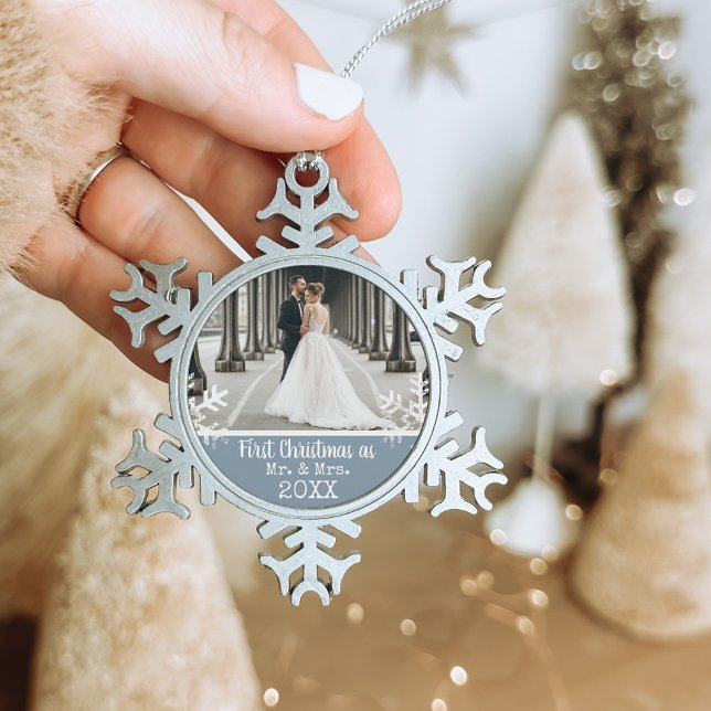 Newlywed 1st Christmas Photo Dusty Blue Snowflake Pewter Christmas Ornament (Rustic snowflake newlywed holiday keepsake photo ornament perfect for gifts to bring joy to others.)