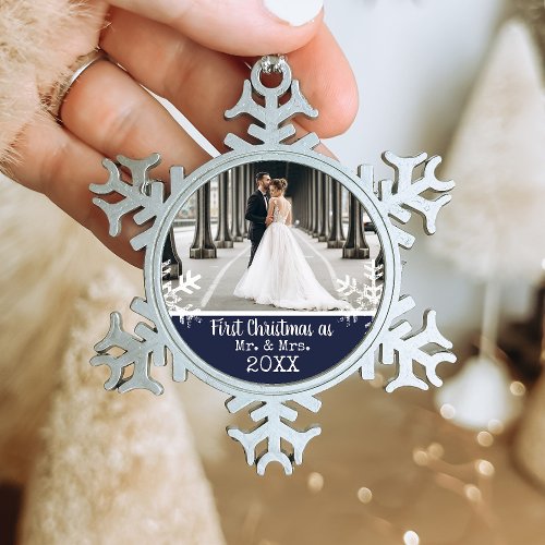 Newlywed 1st Christmas Photo Navy Blue Snowflakes Snowflake Pewter Christmas Ornament