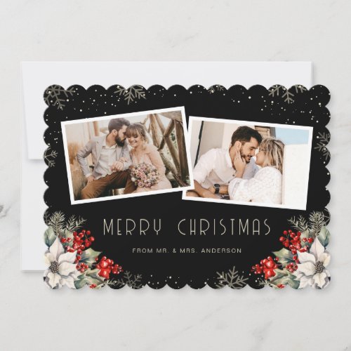 Newlywed 2 Photo Botanical Black Merry Christmas Holiday Card