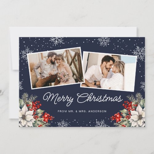 Newlywed 2 Photo Botanical Blue Merry Christmas Holiday Card
