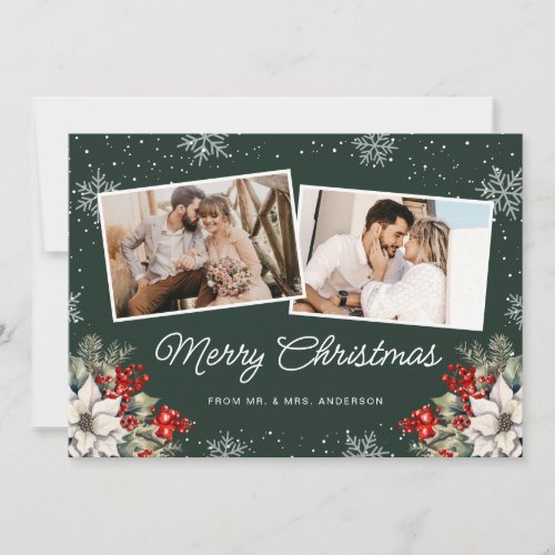 Newlywed 2 Photo Botanical Green Christmas Card