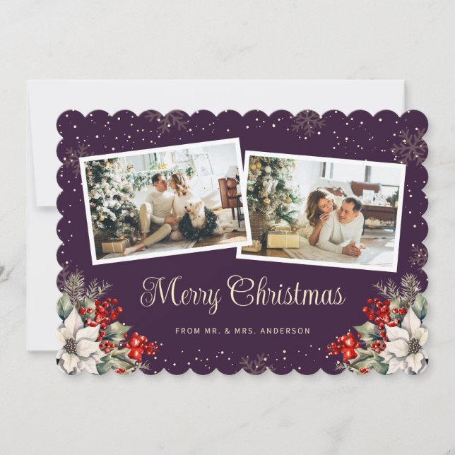 Newlywed 2 Photo Botanical Purple Merry Christmas Holiday Card (Front)