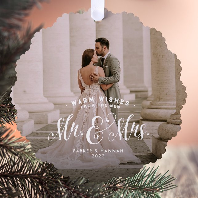 Newlywed 2 photo elegant green Christmas wedding  Ornament Card (Creator Uploaded)