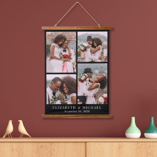 Newlywed 4 Photo Collage Black Hanging Tapestry