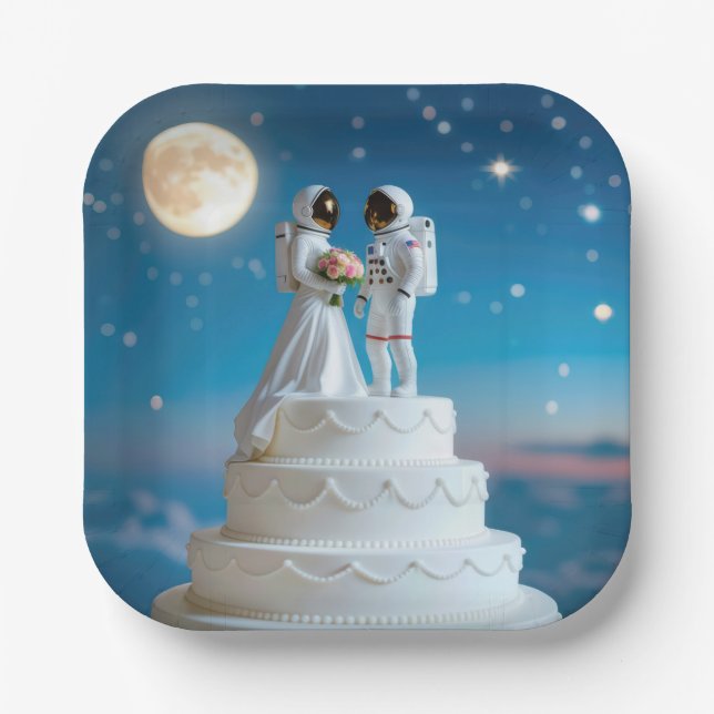 Newlywed Astronauts On a Wedding Cake Paper Plates (Front)