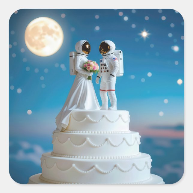 Newlywed Astronauts On a Wedding Cake Square Sticker (Front)