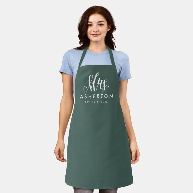 Newlywed bride Mrs personalized hunter green Apron (Worn)