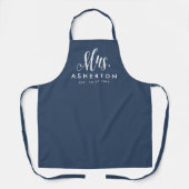 Newlywed bride Mrs personalized navy blue Apron (Front)