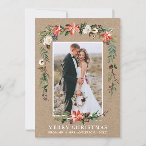 Newlywed Christmas Kraft Watercolor Winter Floral Holiday Card