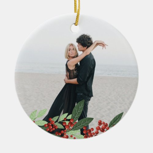 Newlywed Christmas Married Florals Photo Ceramic Ornament