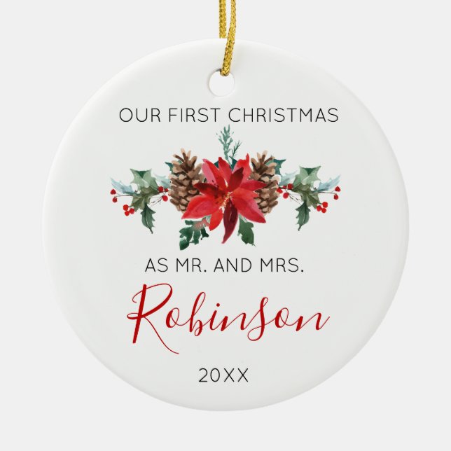 Newlywed Christmas Mr and Mrs red winter flowers Ceramic Ornament (Front)