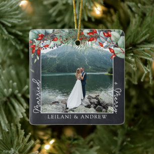 Newlywed Christmas Photo Holly Greenery Chalkboard Ceramic Ornament