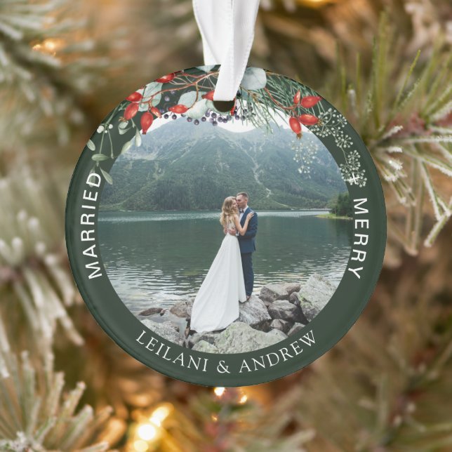 Newlywed Christmas Photo Watercolor Holly Green Ornament (Tree)