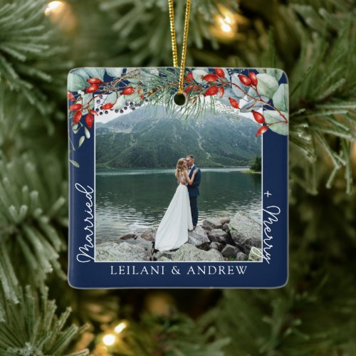 Newlywed Christmas Photo Watercolor Holly Navy Ceramic Ornament