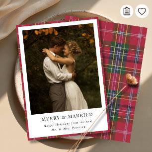 Newlywed Christmas Plaid Merry and Married Photo Holiday Card