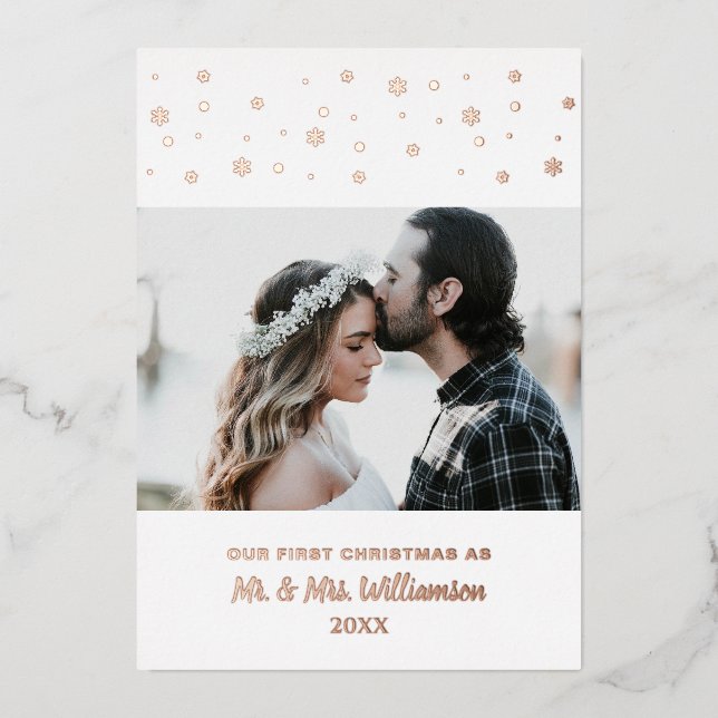 Newlywed Couple Custom Photo Our First Christmas Foil Holiday Card (Front)