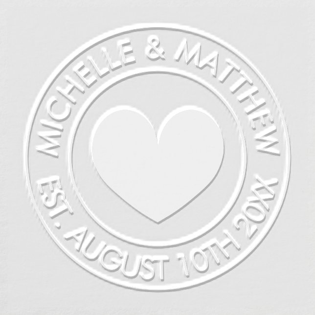 Newlywed couple names and wedding date round heart embosser (Design)
