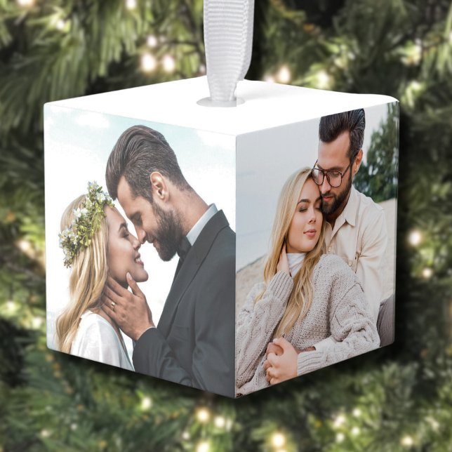 Newlywed Couple Photo Christmas Cube Ornament (Minimal Newlywed Couple Photo Christmas Cube Ornament)