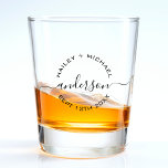 Newlywed Couple Wedding Anniversary Shot Glass<br><div class="desc">Elegant wedding shot glass party favor for newlywed couple  Personalize it by adding a each spouses name,  last name and your wedding anniversary date.  Great his and hers bridal shower gift for a husband and wife.</div>