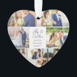 Newlywed Couple Wedding Photo Collage Heart Shaped Ornament<br><div class="desc">This beautiful newlywed couple keepsake heart shaped Christmas ornament gift features a classy layout of 5 wedding photos on a white background with the married couple's names, location, and date. A wonderful commemorative holiday photo gift for your wife or husband to treasure forever. Add a full photograph on the back....</div>