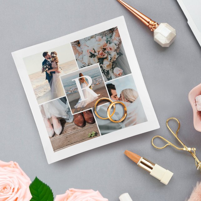 Newlywed Couples 5 Photo Collage Custom Monogram Trinket Tray (Newlywed Couples 5 Photo Collage Custom Monogram Trinket Tray)