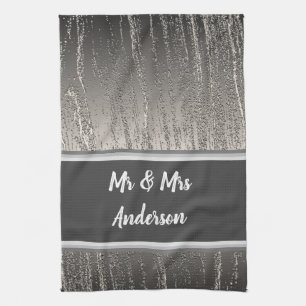Newlywed Couples Names Elegant Silver Stripes Kitchen Towel