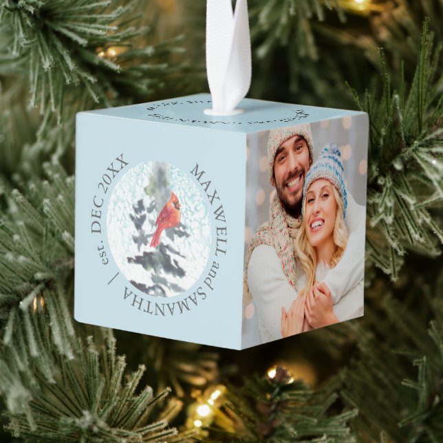 Newlywed Custom First Christmas Photo Cube Ornament (Tree)