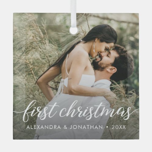 Newlywed custom Photo Our First Christmas Married Glass Ornament