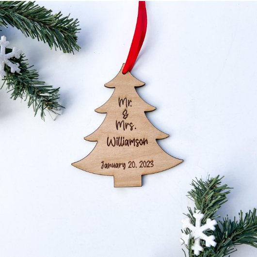 Newlywed Custom Wooden Engraved Tree Ornament (Front)