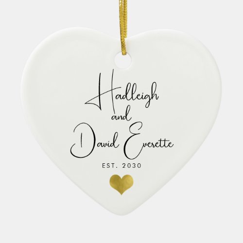 Newlywed Date Established Script Gold Heart Ceramic Ornament