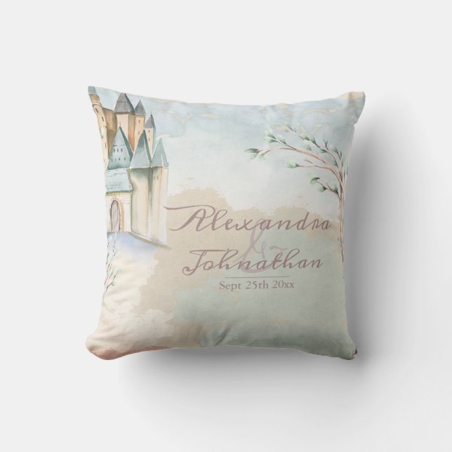 Newlywed Fairy Tale Watercolor Outdoor Pillow (Front)