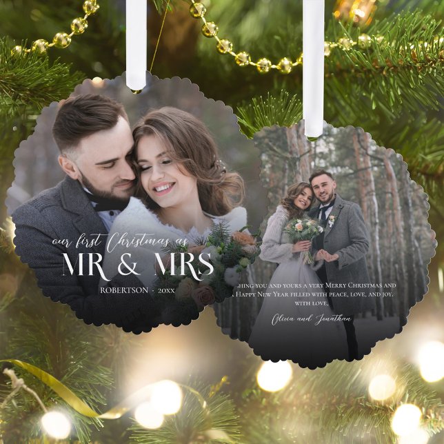 Newlywed First Christmas 2 Photo Ornament Card (Creator Uploaded)