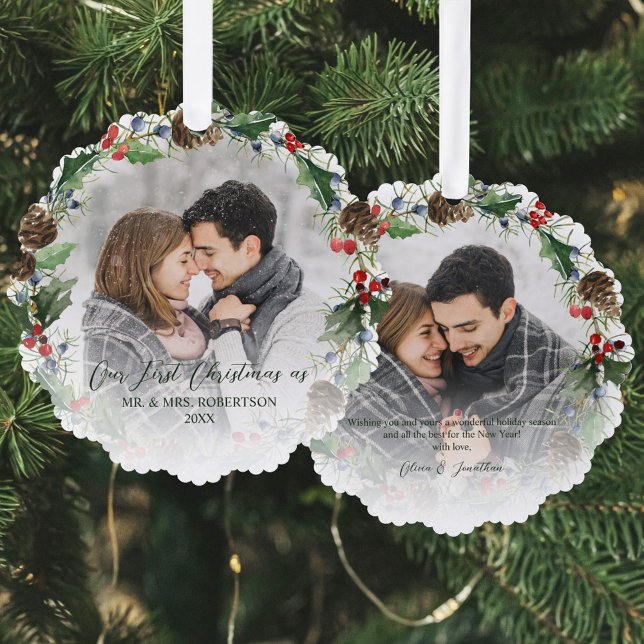 Newlywed First Christmas Botanical 2 Photo Ornament Card (Creator Uploaded)
