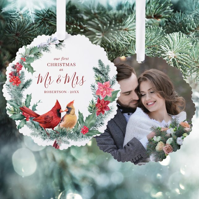 Newlywed First Christmas Cardinals Wreath Photo Ornament Card (Creator Uploaded)