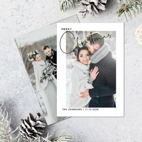 Newlywed First Christmas Hand Lettered 2 Photo  Holiday Card