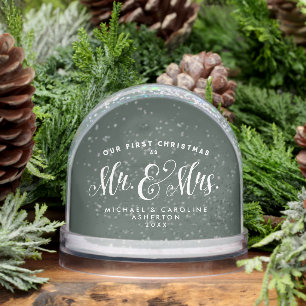 Newlywed first Christmas married green photo Snow Globe