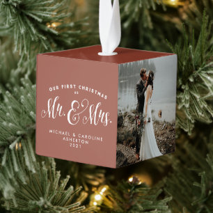 Newlywed first Christmas Mr. Mrs. 3 photo Cube Orn Ornament