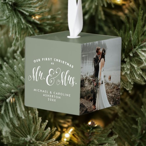 Newlywed first Christmas Mr Mrs 3 photo Cube Ornament