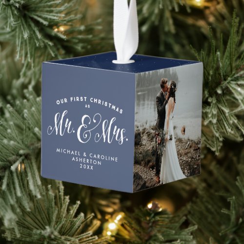 Newlywed first Christmas navy blue Cube Ornament